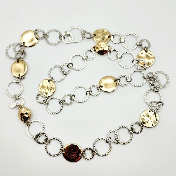 Chico's Long Textured Gold Disc and Silver Link Necklace - Picture 1 of 5